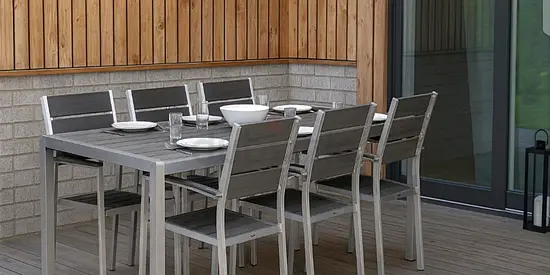 Outdoor 6-Seater Dining Table with Chairs - Grey Aluminum/Wood Look