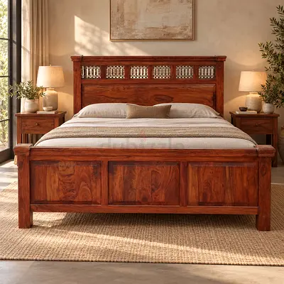 Solid Wood Bed with Carved Headboard