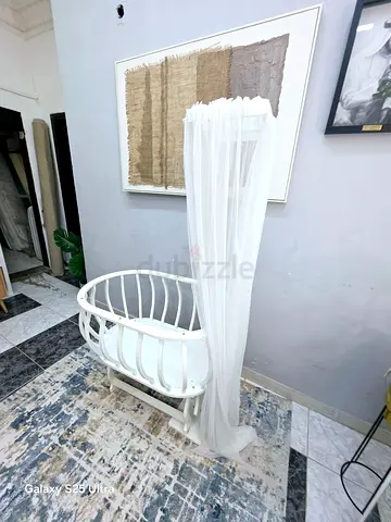 White Wooden Oval Baby Crib with Canopy - Gently Used