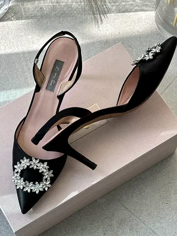 Black satin slingback heels with crystal embellishment, 38.5