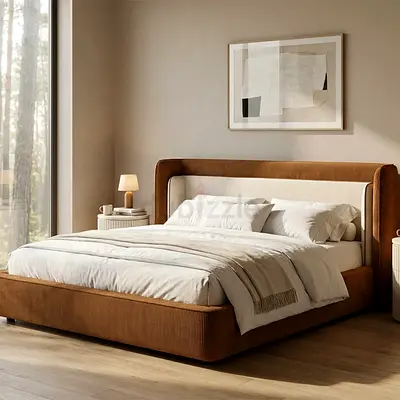 Upholstered King Bed Frame with Headboard - Brown Fabric