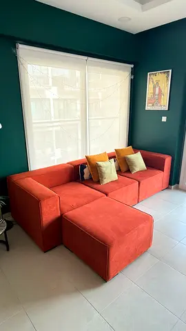 Modular Rust Orange Fabric Sofa with Ottoman - Good Condition