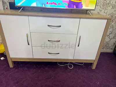 Wood and white TV cabinet / sideboard with three drawers