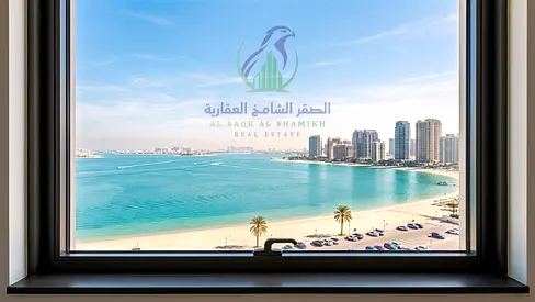 غرفتين وصالة فخمة للإيجار في الممزر على مخرج دبي إطلالة بحرية كاملة تكييف مجاني وباركن وجيم ومسبح مجاني غرف ماستر ومطبخ واسع واستور
