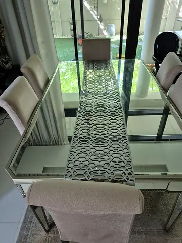 Glass Top Dining Table with Decorative Metal Runner (Seats 6-8)