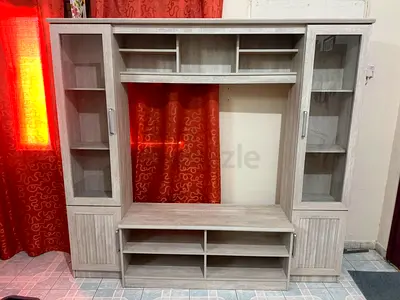 Light Wood Entertainment Unit / TV Cabinet with Shelves and Glass Doors