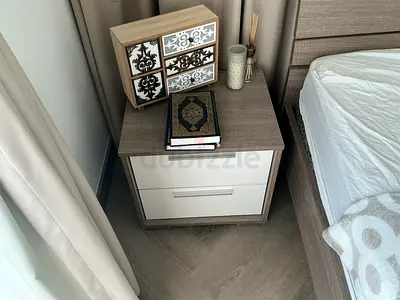 Modern 2-Drawer Nightstand in Light Oak and White and Bed