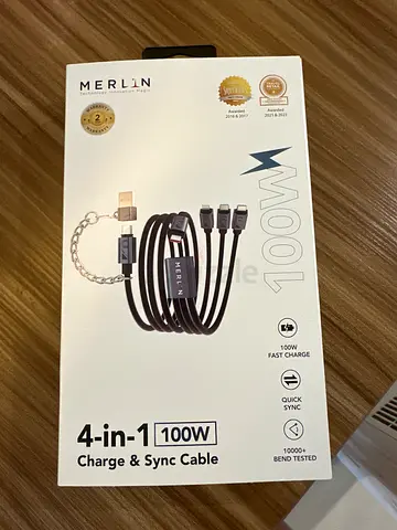 Merlin 4-in-1 100W Charge & Sync Cable (USB-C/Lightning/Micro USB) - Brand New