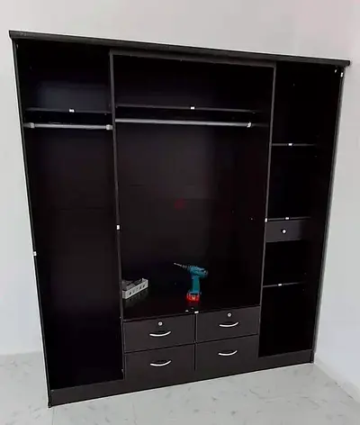 Dark Brown 4-Door Wardrobe with Drawers and Shelves