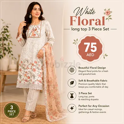 White Floral 3-Piece Women's Suit — Long Top, Pants & Dupatta