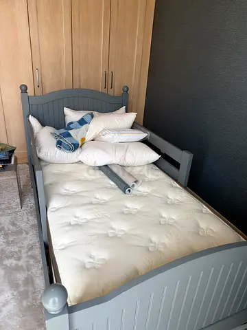 Pottery Barn Kids Single grey wooden bed frame with mattress and pillows - good condition