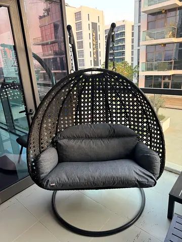 Two-seater Black Wicker Egg Hanging Chair with Cushions