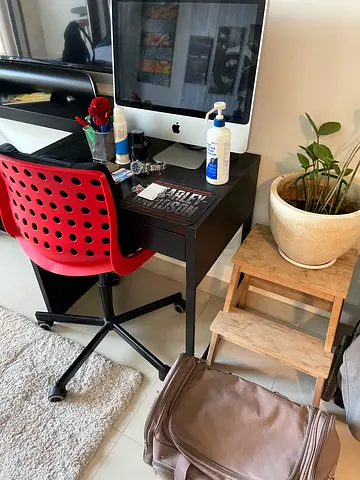 Table and chairs, Compact black rectangular computer desk with red swivel chair