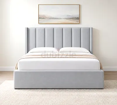 New Upholstered Grey Fabric King size Bed with Vertical Channel Headboard