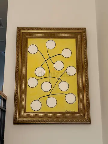 Framed Abstract Yellow Painting with Gold Ornate Frame