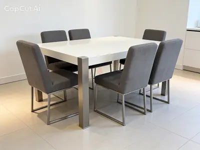 Modern White Dining Table with 6 Grey Upholstered Chairs