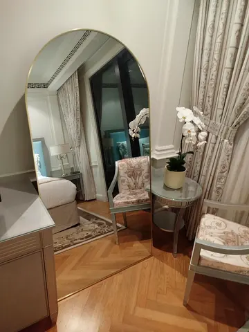Large Full-Length Arched Floor Mirror with Gold Trim