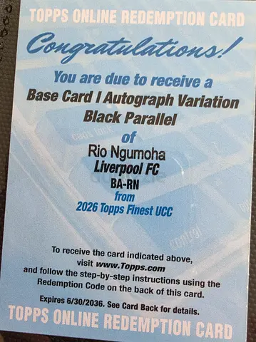 Topps 2026 Finest Rio Ngumoha Liverpool FC Black Parallel Redemption Card