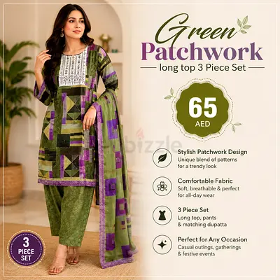 Green Patchwork 3-Piece Women's Long Top Set