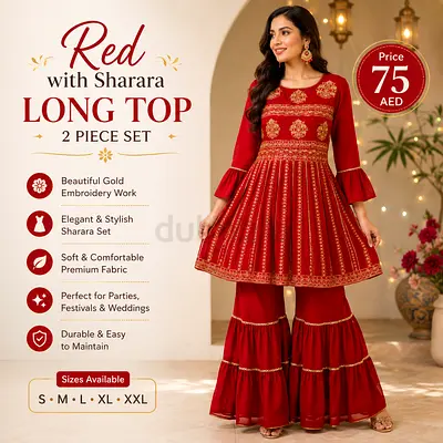 Red Embroidered Sharara Long Top 2-Piece Set