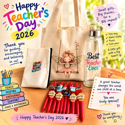Teacher's Day Gift Set — Tote Bag, Bottle, Pouch & Cute Pens (Like New)