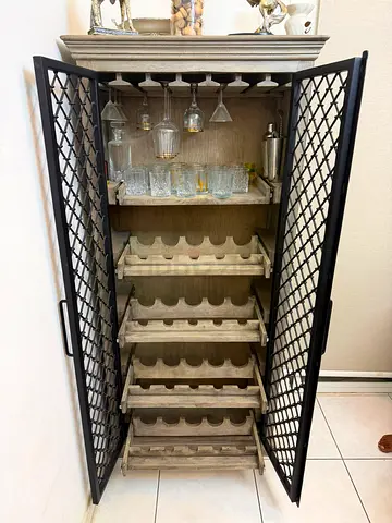 Wooden Wine Cabinet with Metal Lattice Doors — Holds Multiple Bottles