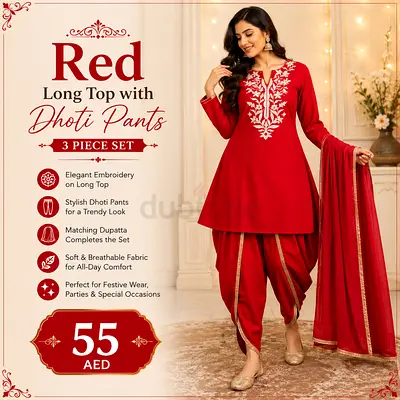 Red Embroidered Long Top with Dhoti Pants and Dupatta - 3 Piece Set