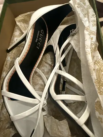 White Gucci Patent Leather Strappy High Heel Sandals - Size Unknown
