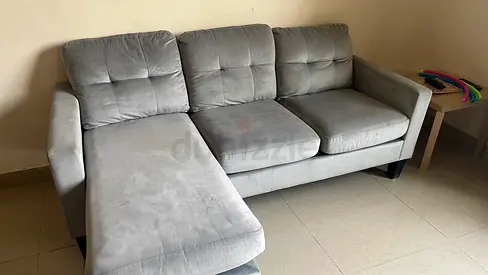 Light grey L-shaped 3-seater sofa with chaise (good condition)