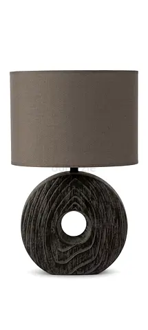 Modern circular wooden table lamp with grey fabric shade