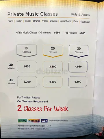 Private Music Lessons - Piano, Guitar, Violin, Drums (2 classes/week option shown)