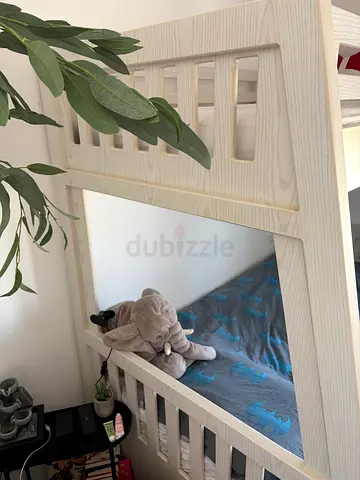 White wooden loft bunk bed for kids, good condition. With 2 storage drawers.  Costum made