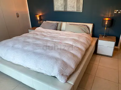 White leather Cellini king bed frame + 2 night stands