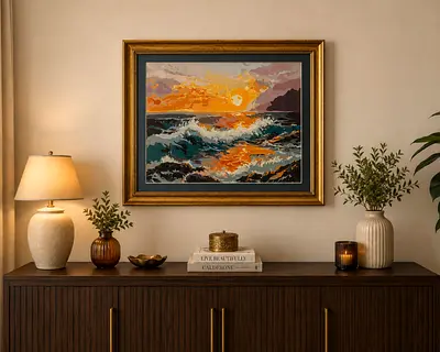 Framed Painting | Hand-Painted Ocean Sunset Wall Art | Acrylic Artwork