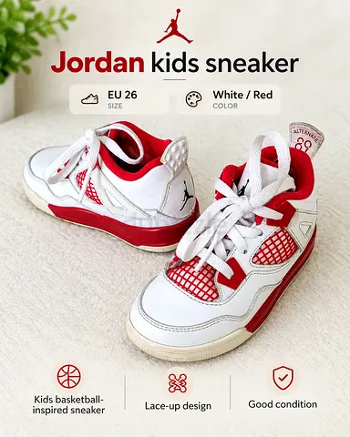 Kids Air Jordan-style Sneakers EU 26 — White & Red, Good Condition