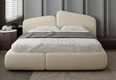 Modern Low-Profile Beige Upholstered Double Bed with Padded Headboard