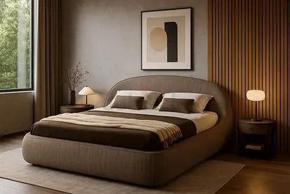 Modern upholstered king bed with rounded headboard