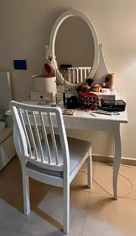 White vanity table with mirror and chair - good condition