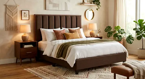 Brown Upholstered Queen Bed with Padded Headboard
