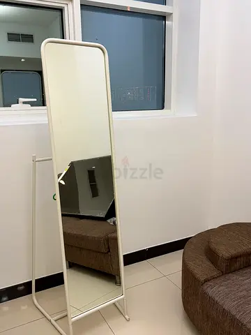 Full-length freestanding mirror with white metal frame - good condition