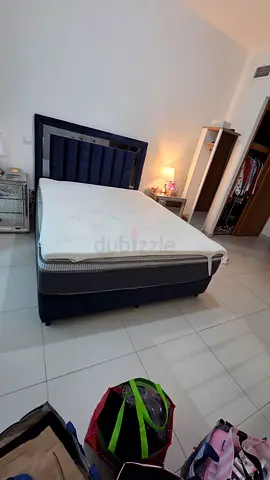 Queen-size bed frame with mattress and topper - good condition
