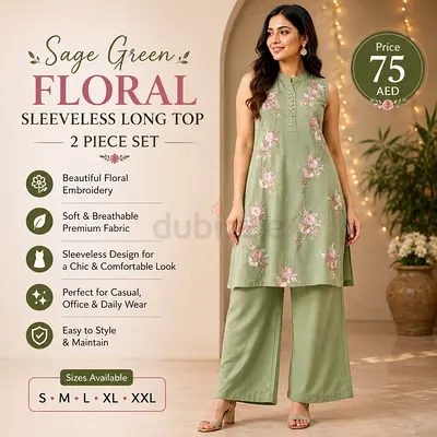 Sage Green Floral Embroidered Sleeveless Long Top 2-Piece Set