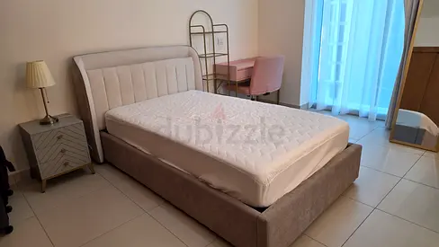 Queen bed frame with mattress - upholstered, good condition