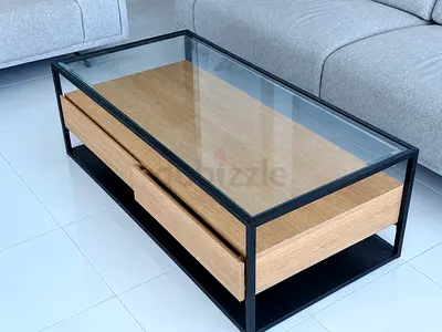 Modern Glass Top Coffee Table with Oak Drawers and Black Metal Frame