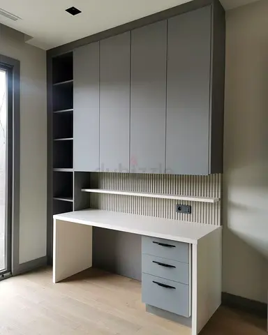 Built-in Grey Wall Cabinets with Desk and Drawers - Modern Study Unit