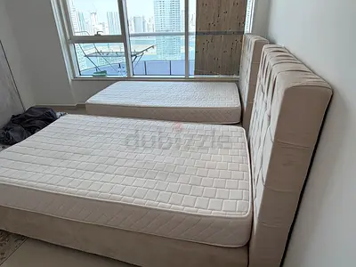 2 beds - Pair of Single Beds with Headboards and Mattresses - Beige