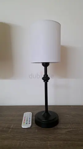 Black Metal Table Lamp with White Fabric Shade and Remote