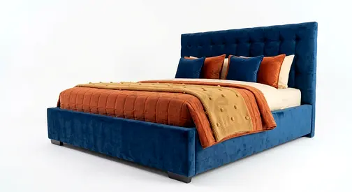 Blue Upholstered King Bed with Tufted Headboard