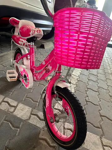 Pink girls' 12-inch bicycle with basket