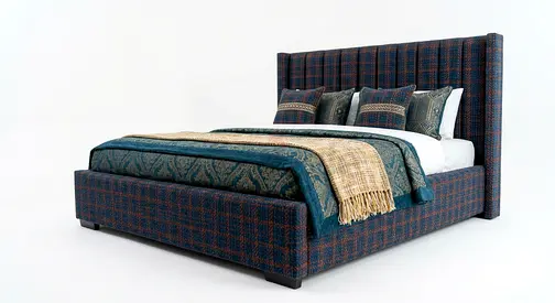 Upholstered Double Bed with Headboard - Dark Plaid Fabric